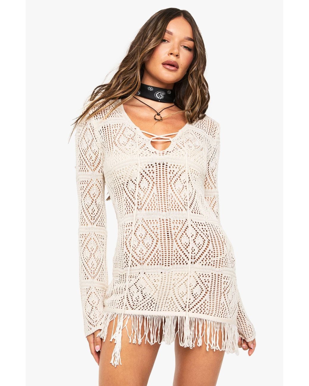 Boohoo White Tassel Crochet Beach Tunic