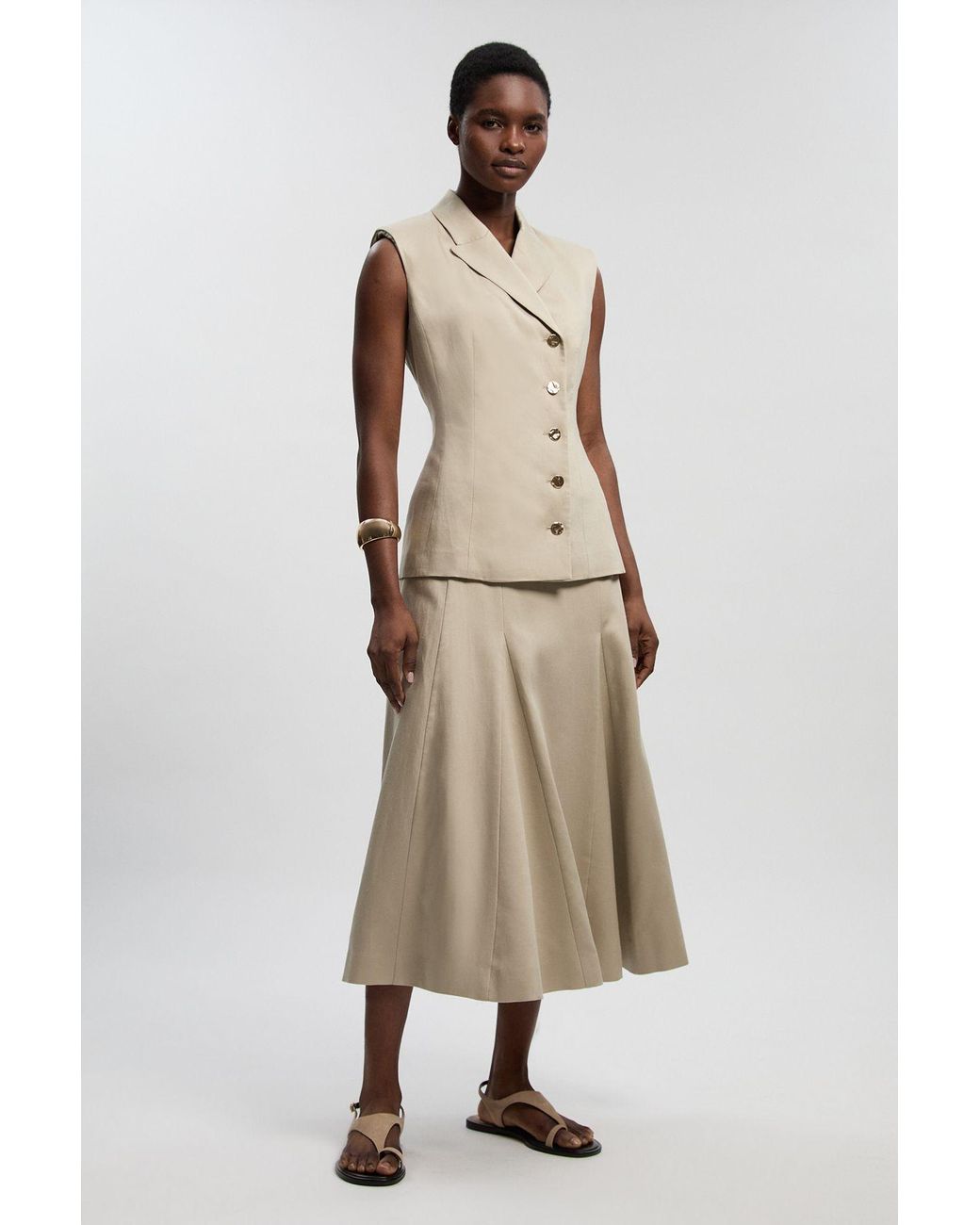 Karen Millen Natural Tailored Linen Button Front Full Midi Skirt