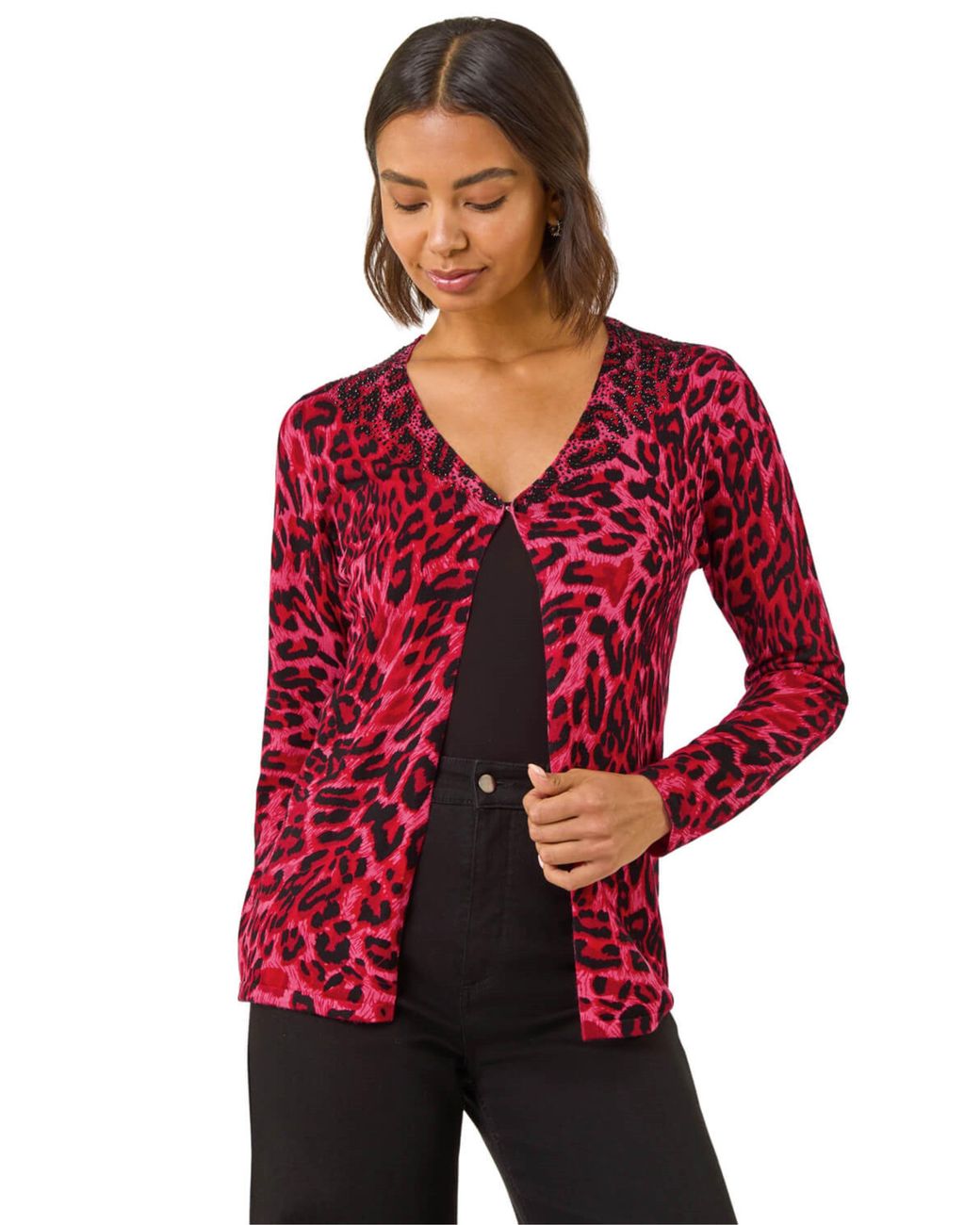 Roman Red Hotfix Animal Print Knit Cardigan