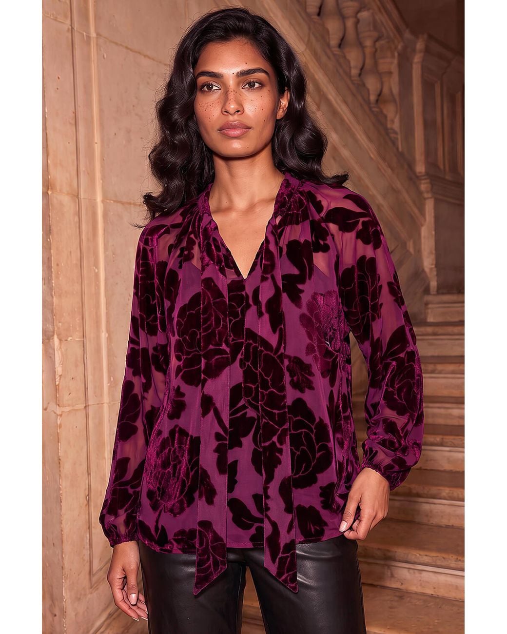 Roman Purple Floral Burnout Tie Front Top