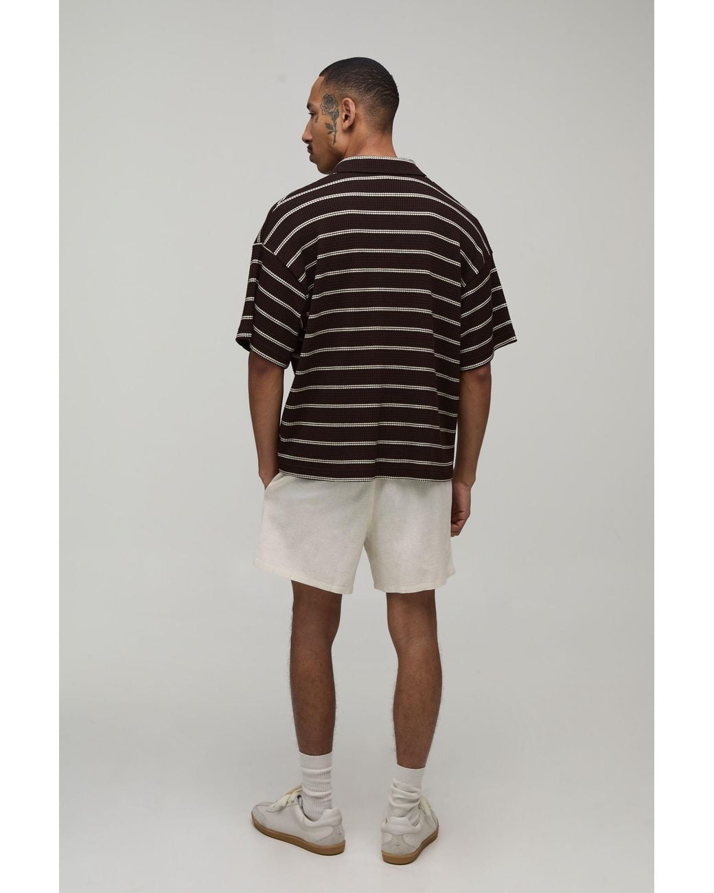BoohooMAN Black Oversized Striped Waffle Revere Polo for men