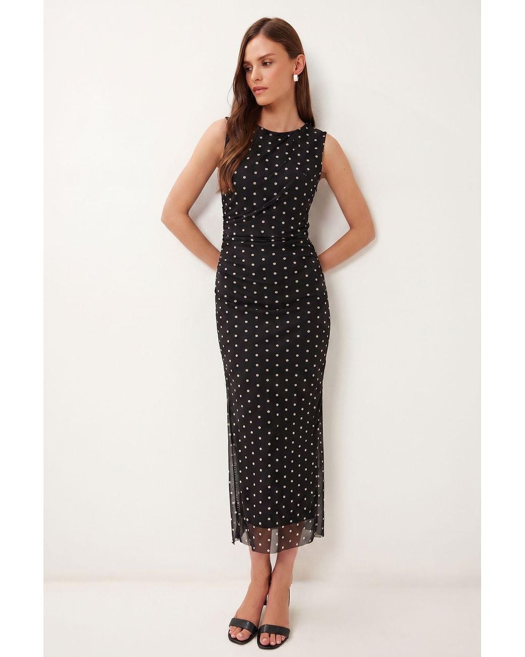 Happiness İstanbul Black Polka Dot Tulle Bodycon Midi Dress