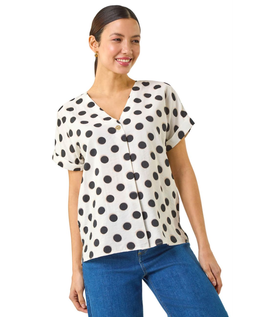 Roman White Spotted Pleat Front V-Neck Top