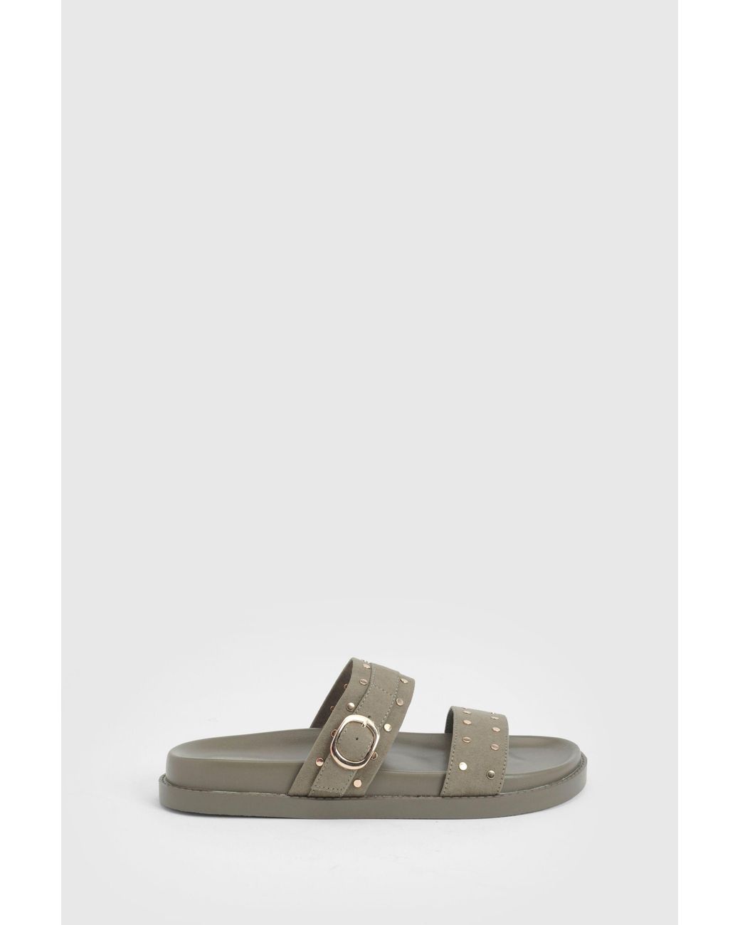 Boohoo Green Faux Suede Stud Double Strap Sliders