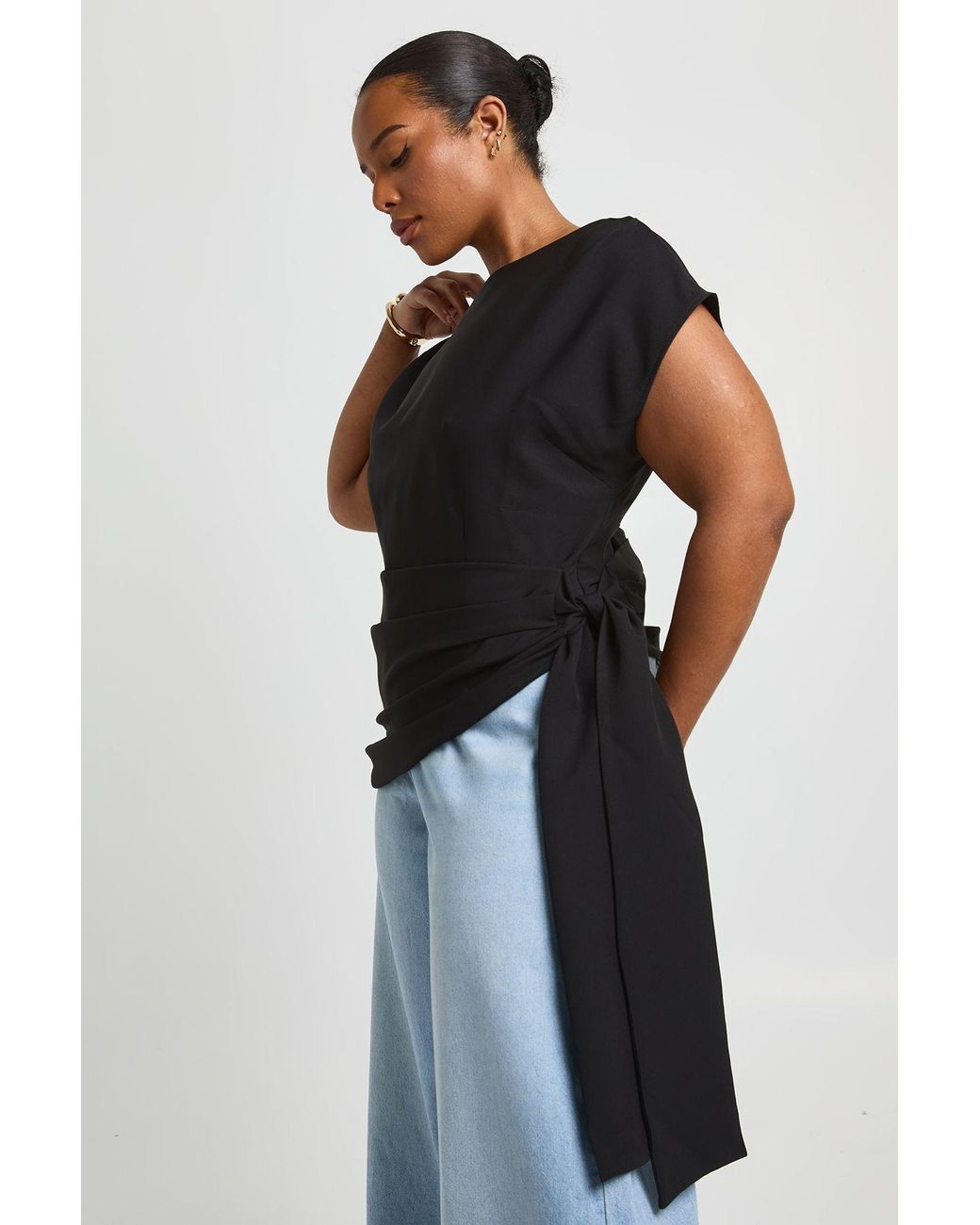 Boohoo Blue Plus Slash Neck Drape Side Top