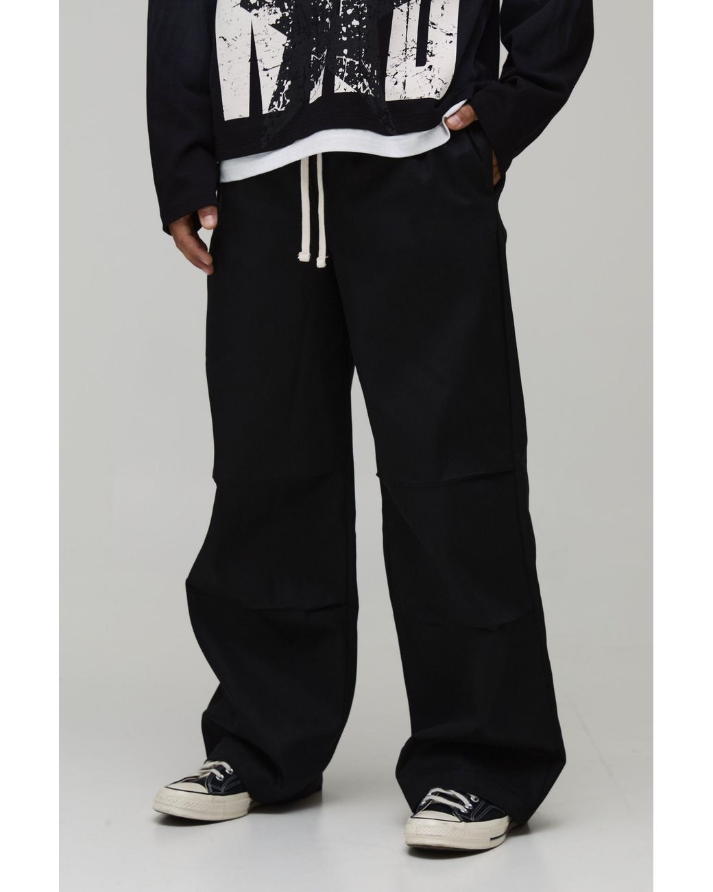 BoohooMAN Black Elasticated Waist Contrast Drawcord Baggy Trouser for men