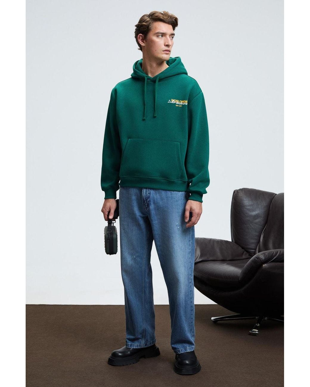 Grimelange Green Printed Hooded Regular Sweatshirt for men