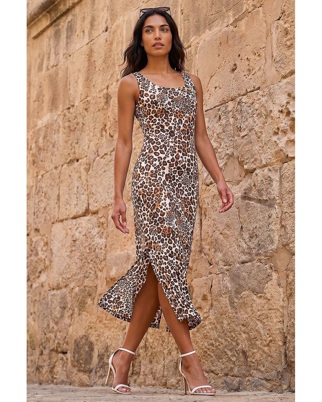Roman Natural Animal Print Strappy Midi Dress