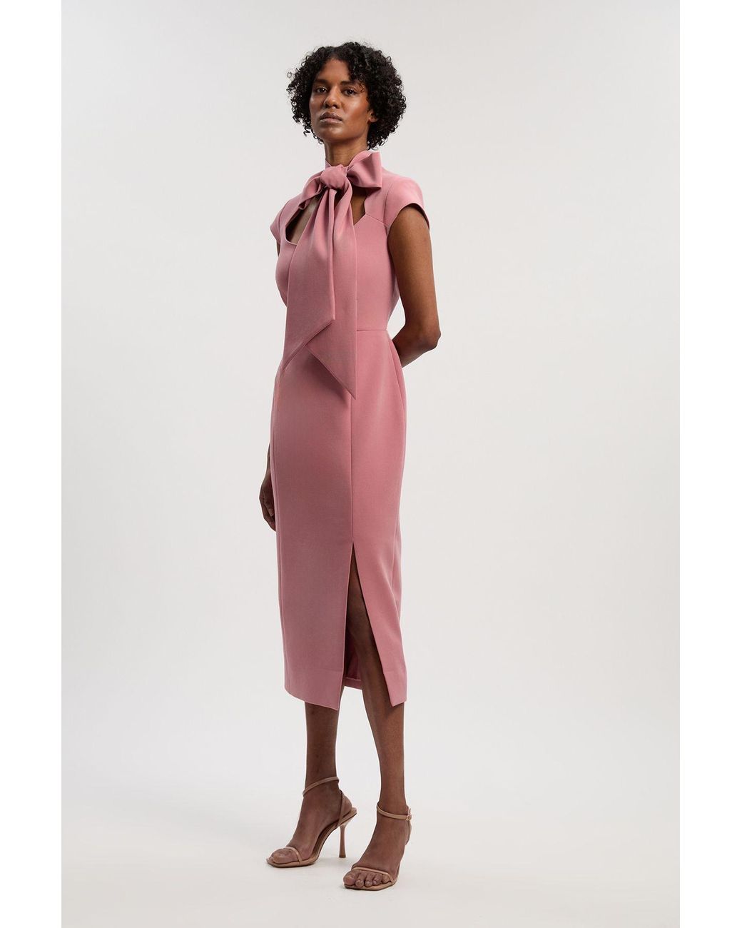 Karen Millen Compact Stretch Bow Tie Neck Tailored Pencil Midi Dress