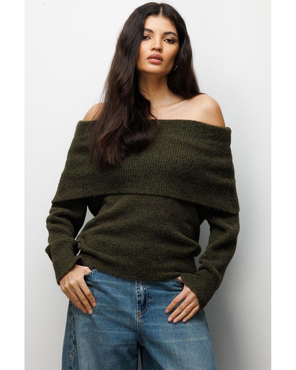 MixRay Black Loose Fit Ribbed Madonna Collar Sweater