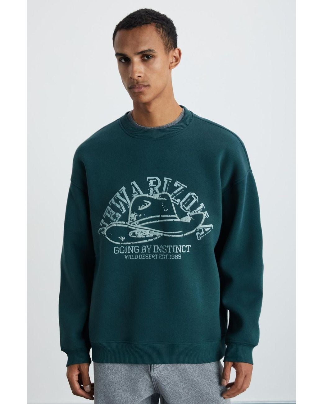 Grimelange Green Printed Crew Neck Sweatshirt for men