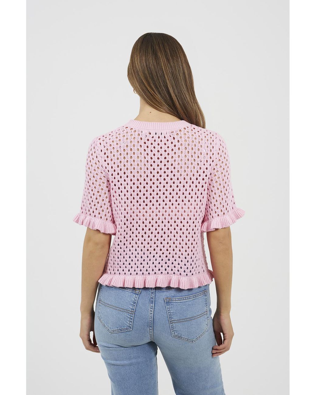 Brave Soul Pink Open Knit T Shirt With Frill Hem