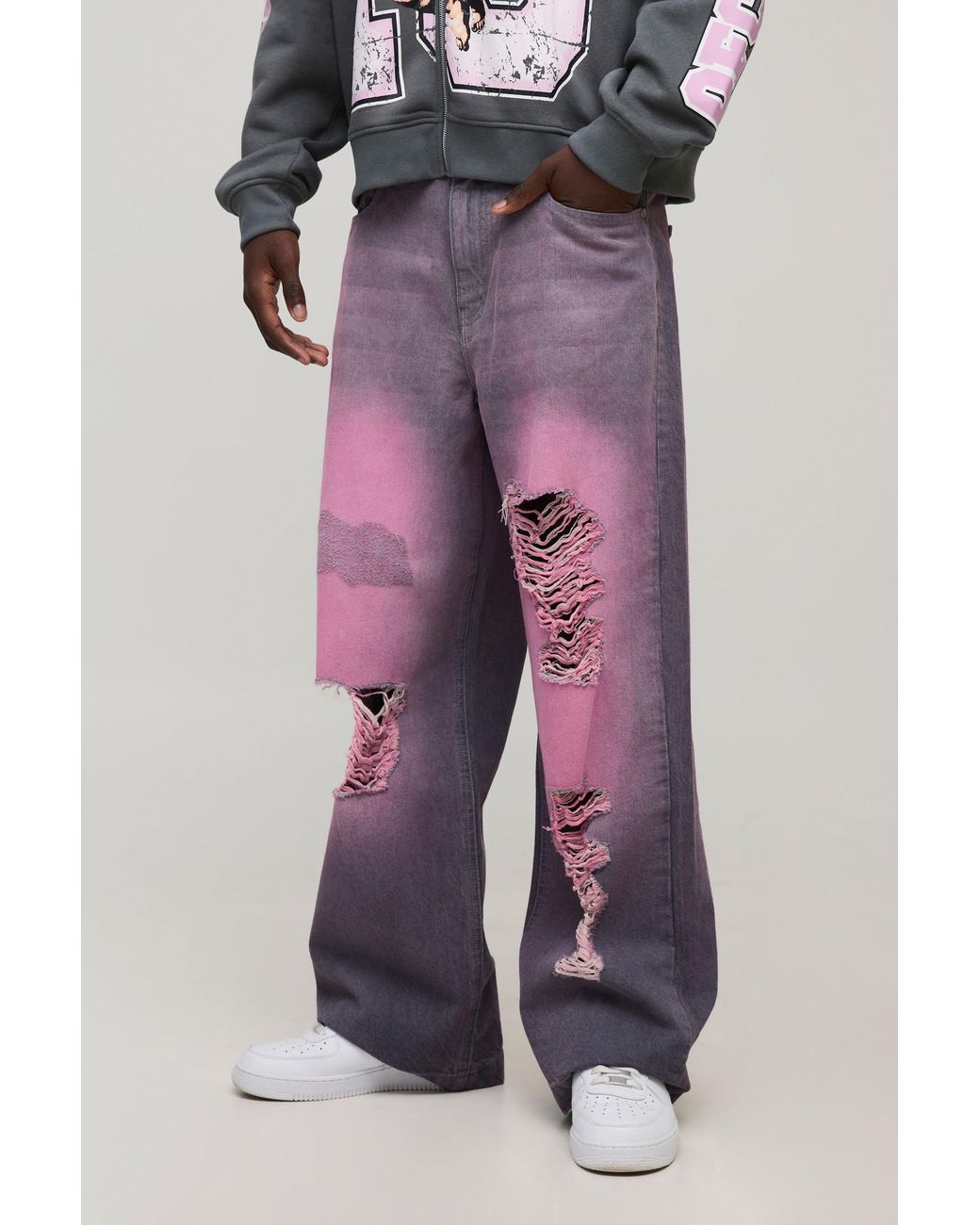 BoohooMAN Pink Wide Leg Tinted Rip And Repair Denim Jeans for men