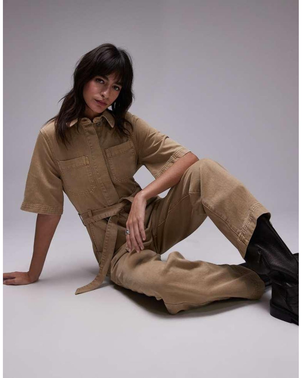 TOPSHOP Brown Short Sleeve Jumpsuit