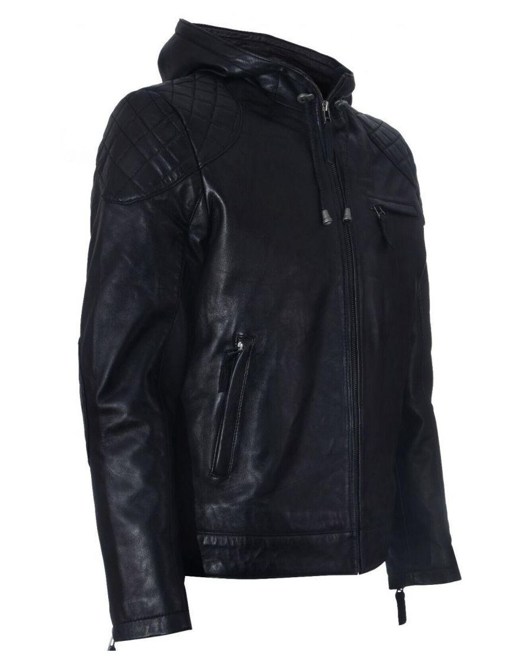 Infinity Leather Blue Zipped Hooded Bomber Biker Jacket for men