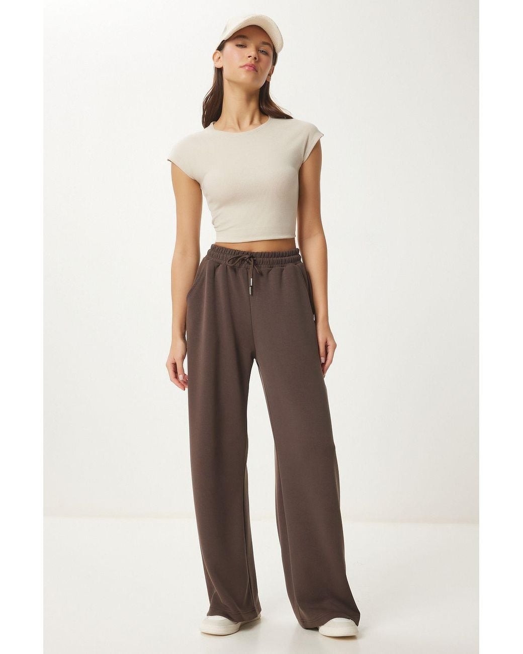 Happiness İstanbul White Wide Leg Drawstring Waist Sweatpants