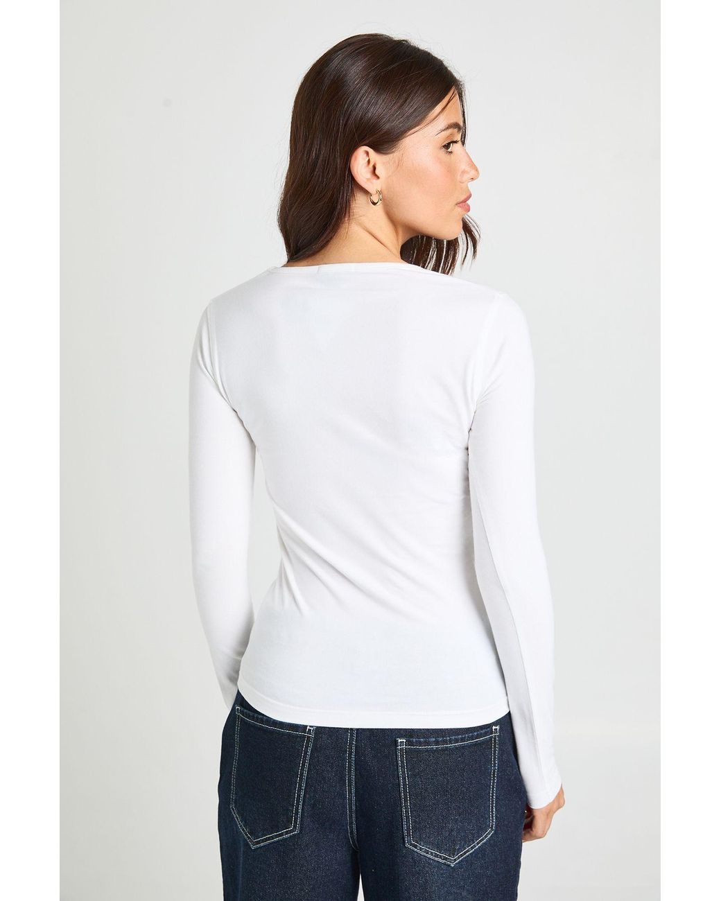 Boohoo White Deep V Neck Long Sleeve Fitted Top