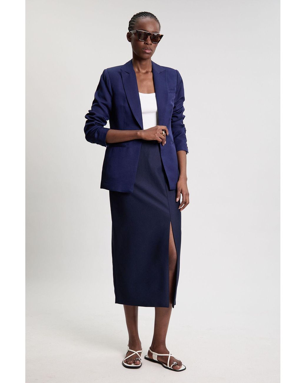 Karen Millen Blue Tailored Satin Pencil Midi Skirt
