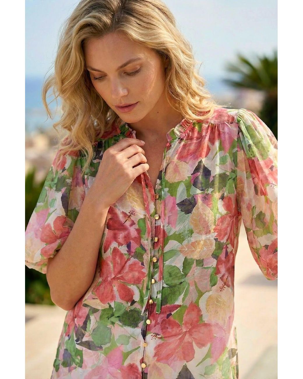 Roman Pink Floral Gathered Blouse