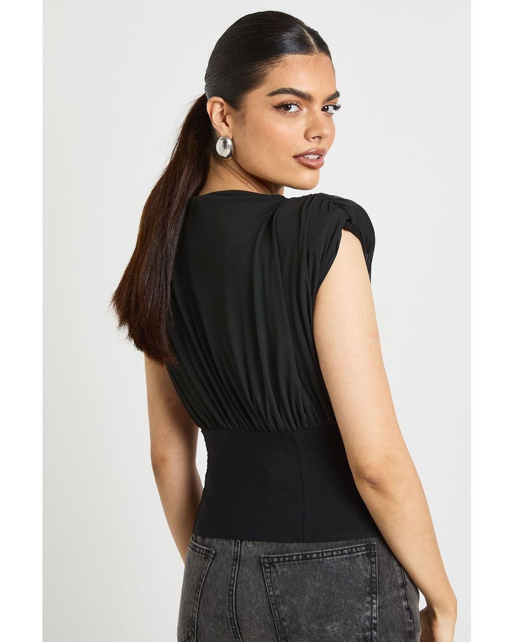Boohoo Black Mesh & Bengaline Boning Detail Hook & Eye Corset