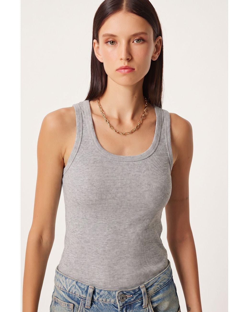 Happiness İstanbul Gray Fitted Cotton U Collar Tank Top