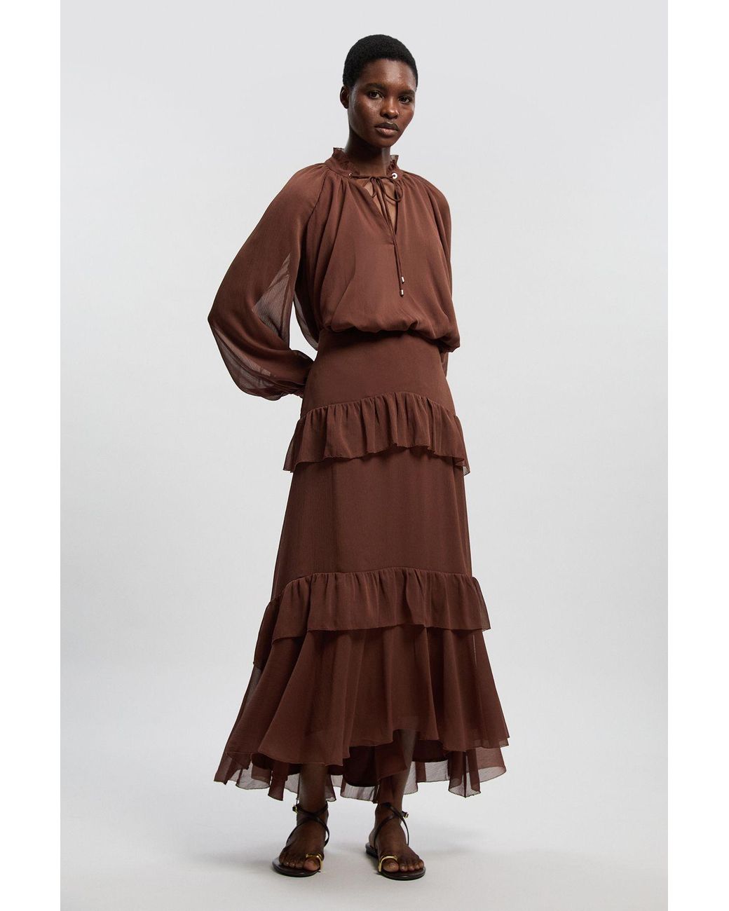 Karen Millen Brown Crinkle Chiffon Woven Maxi Skirt
