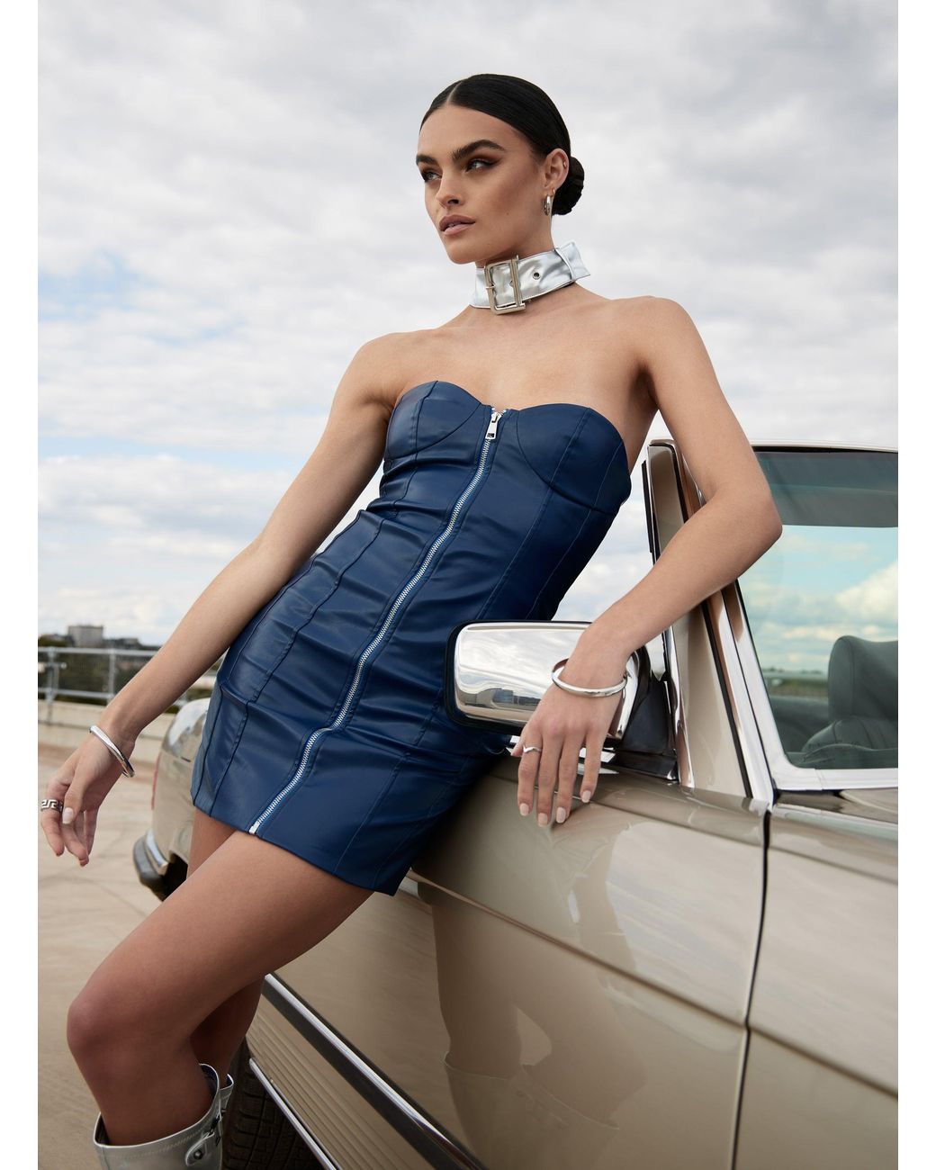 Pink Vanilla Blue Strapless Zip Front Mini Dress