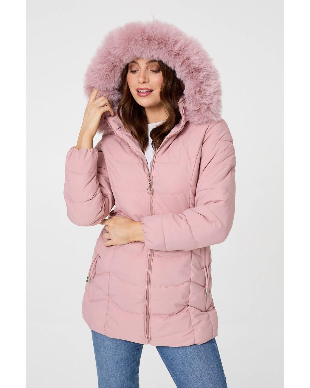 Izabel London Pink Hooded Faux Fur Trim Zip Puffer Jacket