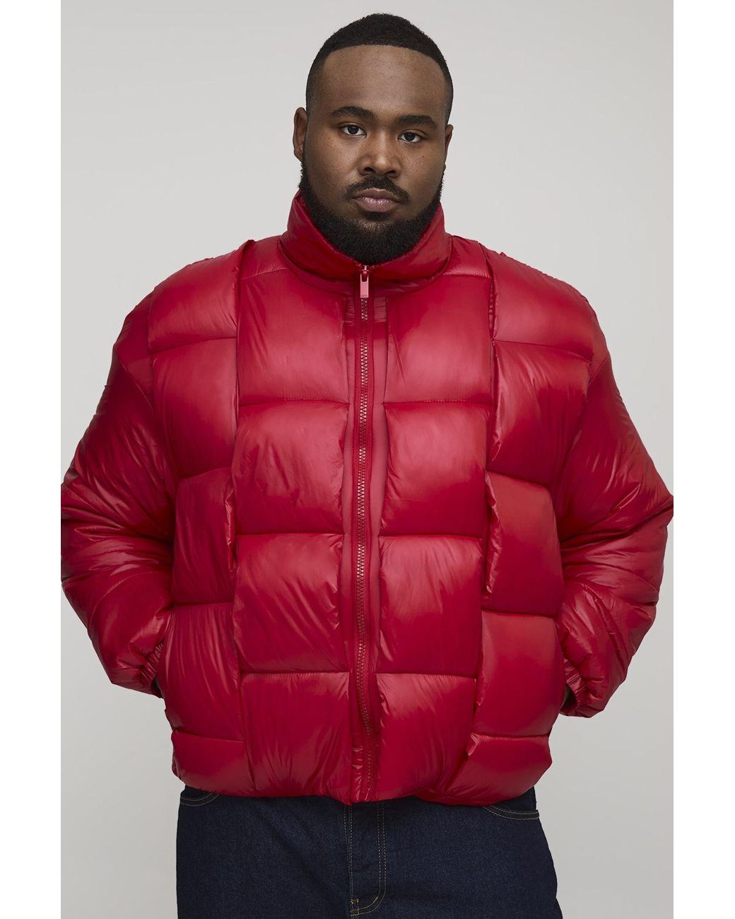 BoohooMAN Red Plus High Shine Weft Oversized Funnel Neck Puffer Jacket for men