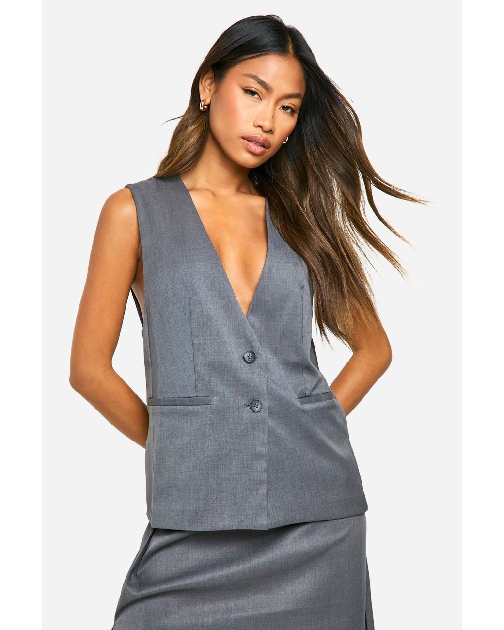 Boohoo Gray Marl Plunge Front Longline Waistcoat