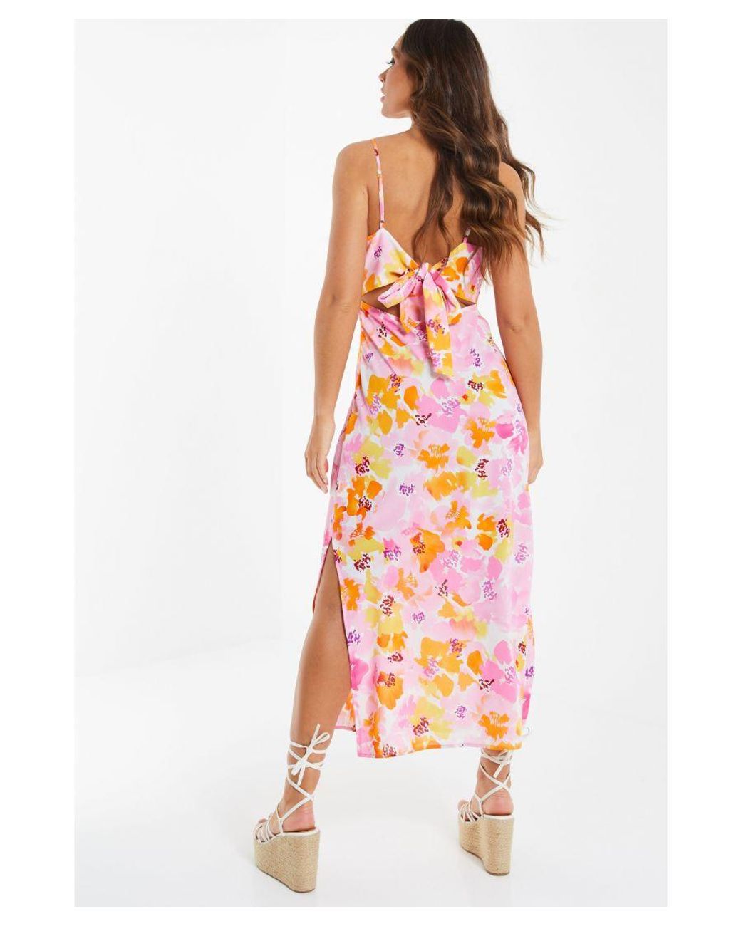 Quiz Floral Tie Back Midi Dress in Brown Lyst UK
