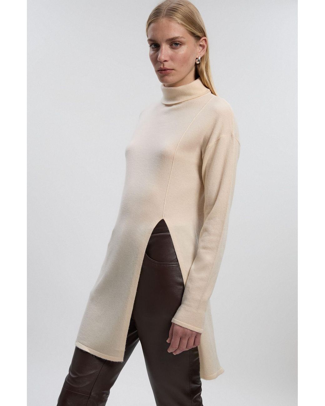Karen Millen Natural Cashmere Blend Deep Slip Longline Knit Top