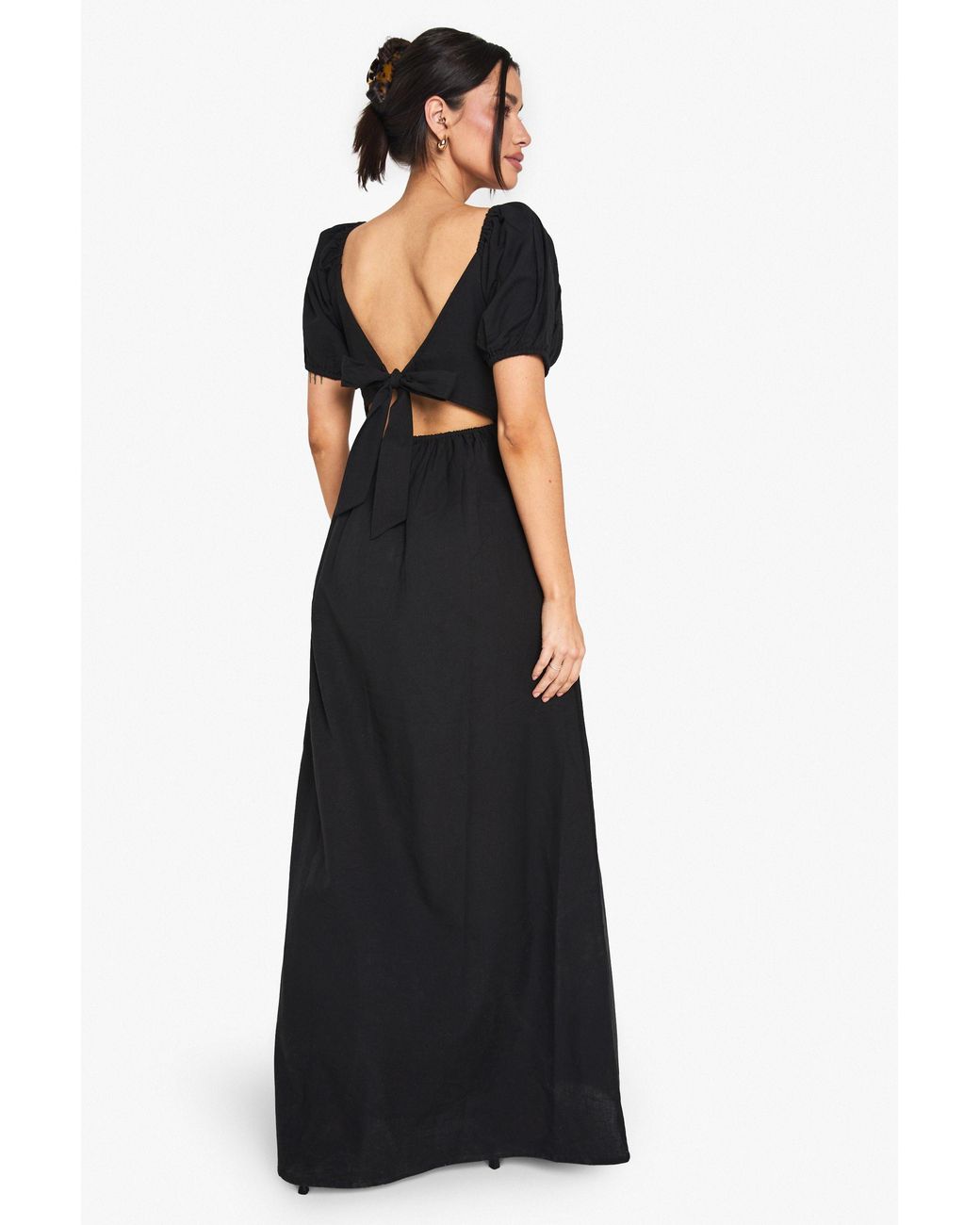 Boohoo Black Tall Linen Puff Sleeve Maxi Dress