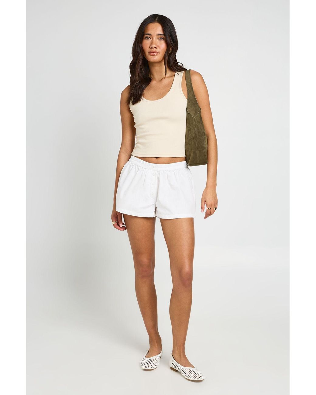 Boohoo White Poplin Henley Short