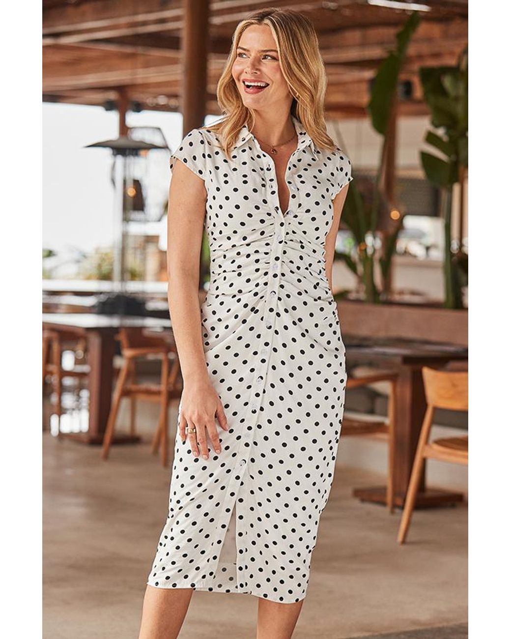 Sosandar Brown Spot Print Ruched Front Dress