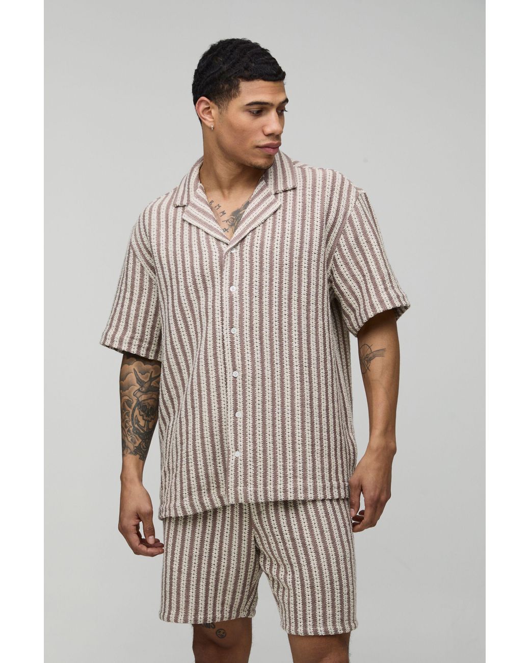 BoohooMAN Brown Oversized Open Weave Shirt And Short Set for men