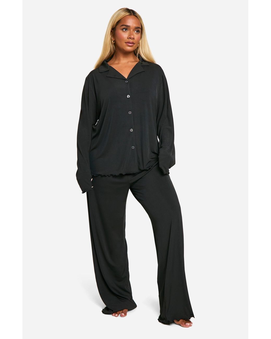 Boohoo Black Plus Rib Button Front Trouser Pyjama Set