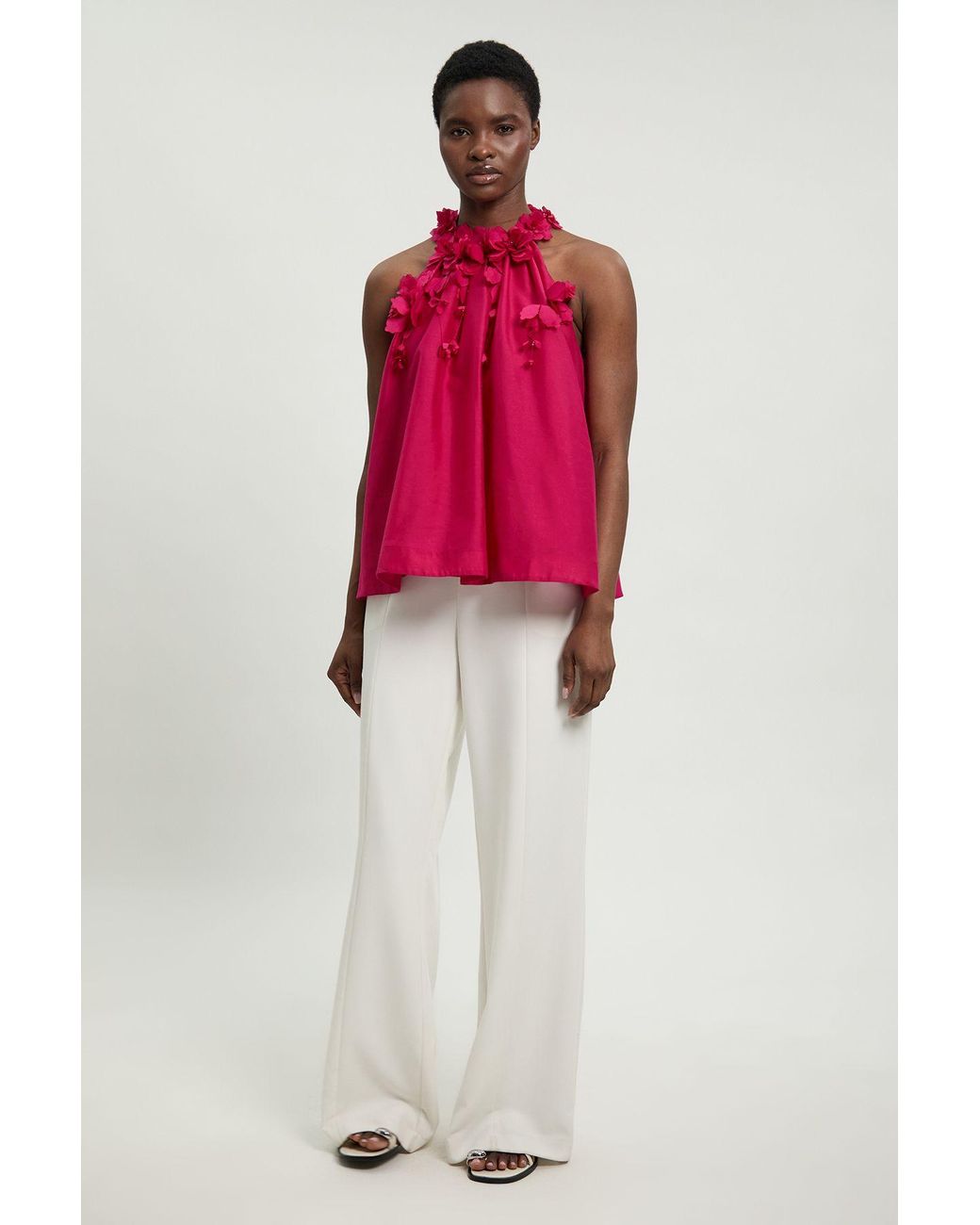 Karen Millen Red Floral Applique Woven Halter Blouse