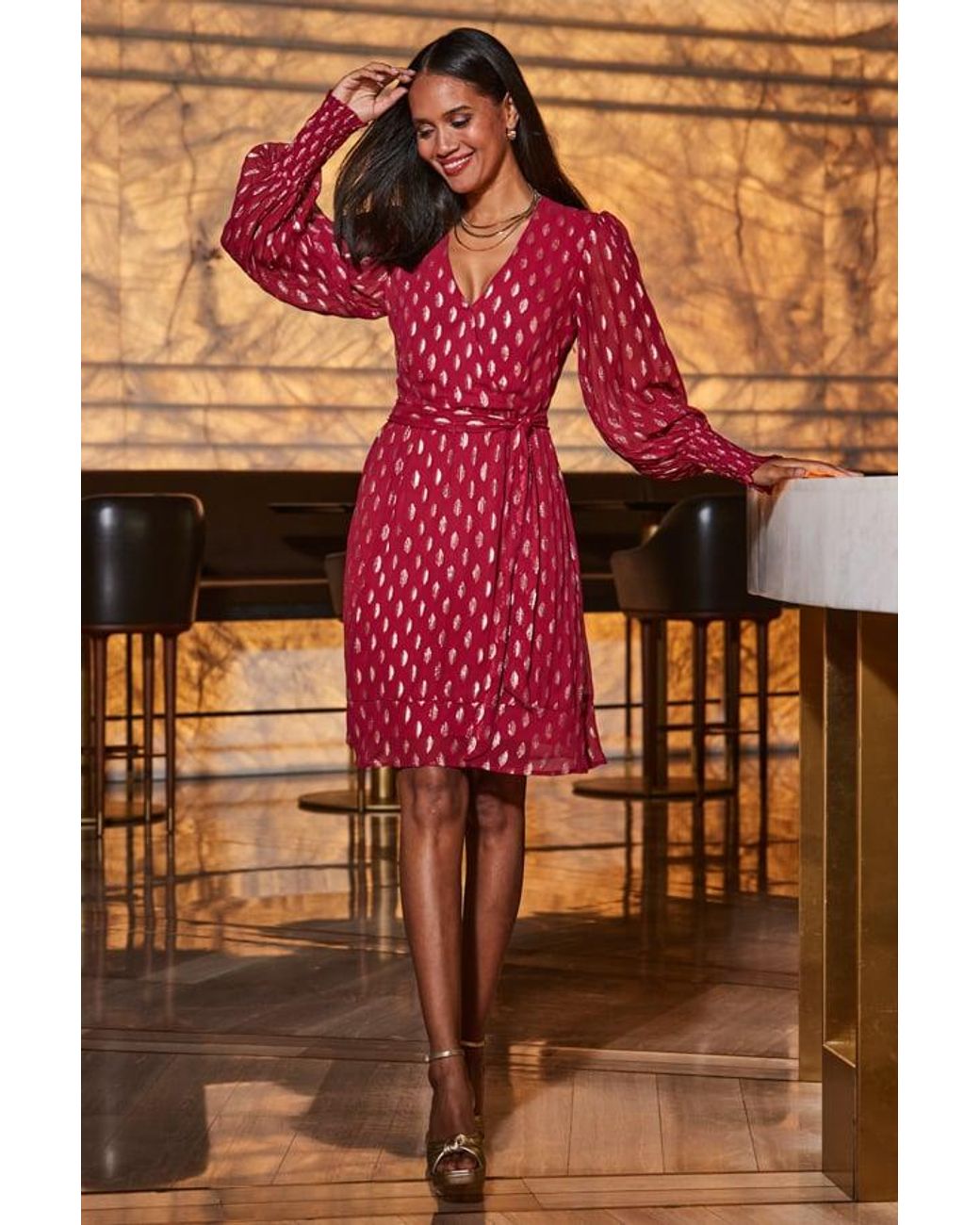 Sosandar Brown Raspberry & Metallic Spot Print Belted Wrap Dress