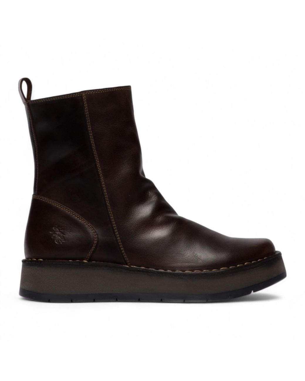 Fly London Brown Dark Reno Leather Zip Up Platform Comfort Ankle Boots