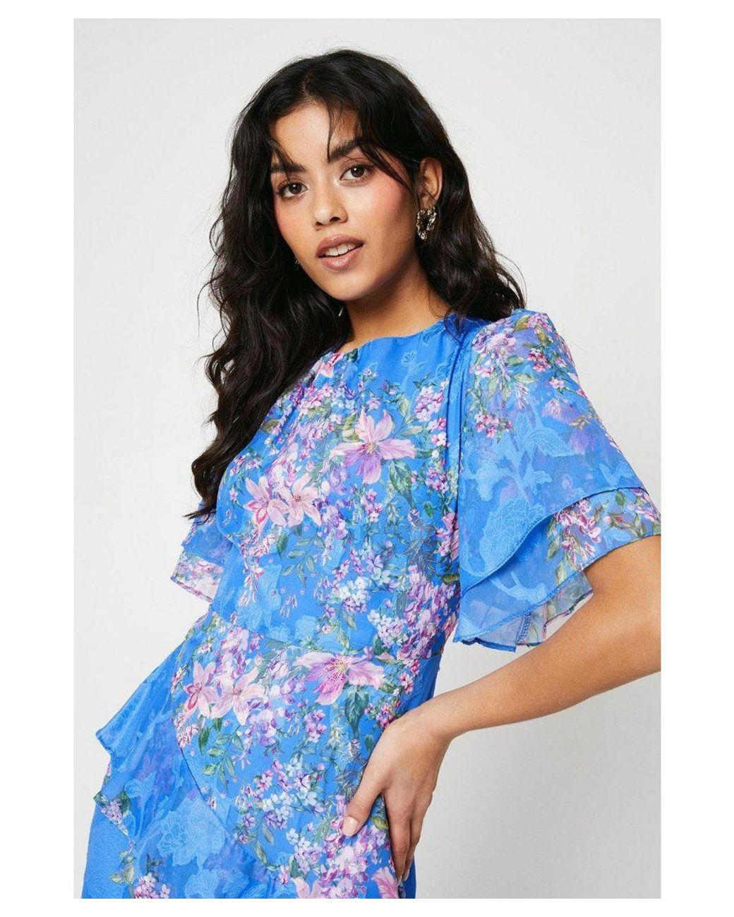 Oasis Blue Petite Double Frill Satin Burnout Midi Dress