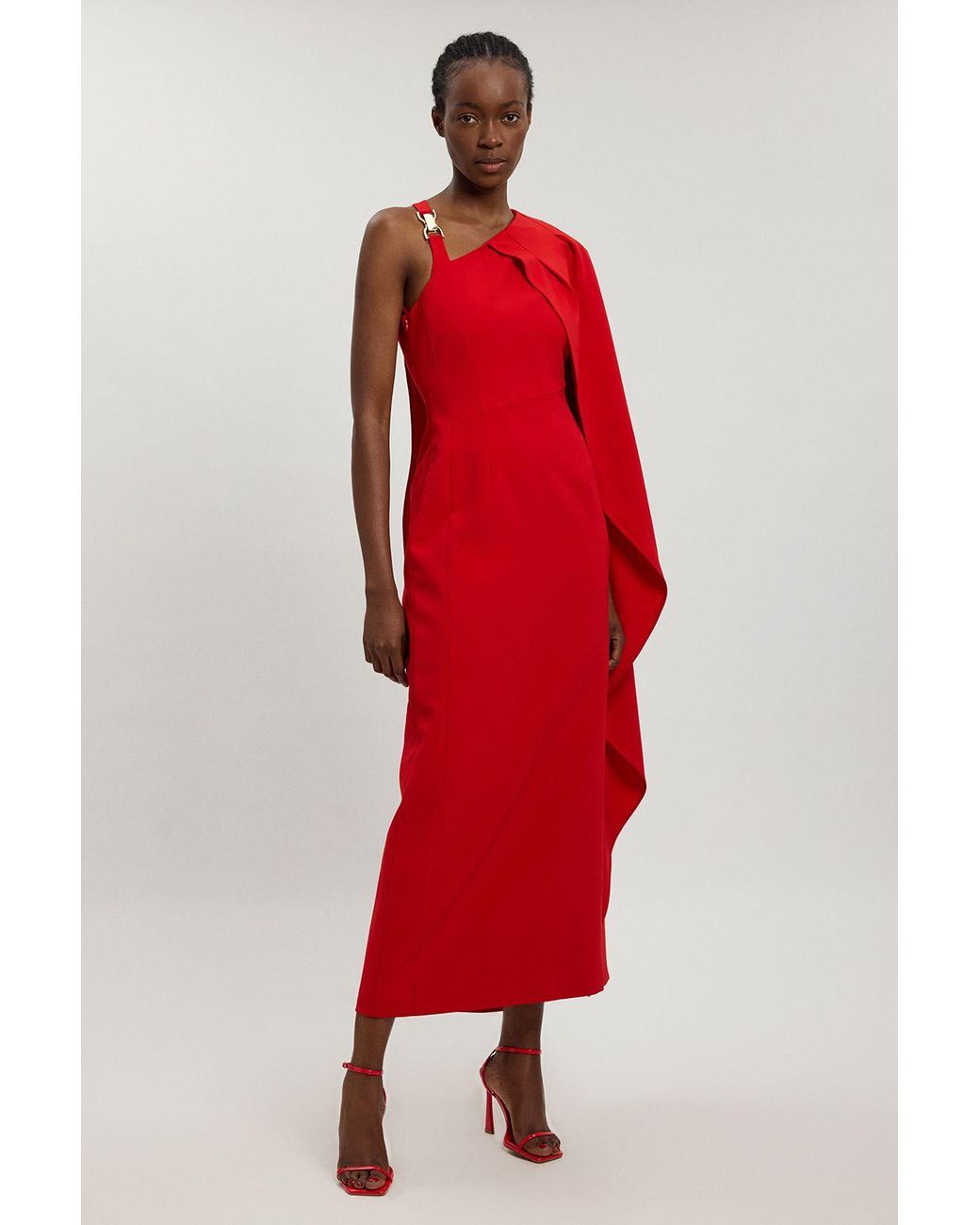 Karen Millen Red Compact Viscose Asymmetric Detail Maxi Dress