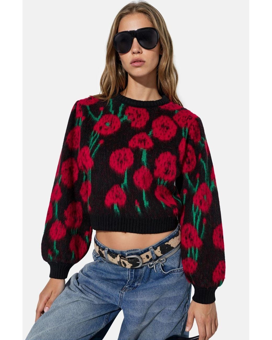 Hiccup Red Floral Crew Neck Knit Sweater