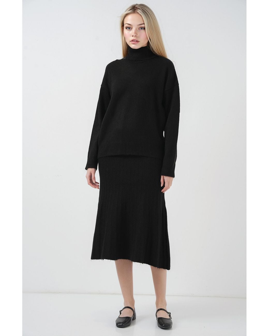 Bigdart Black Ribbed Turtleneck Knit Co-Ord Set