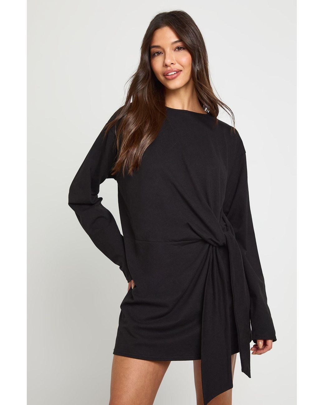 Boohoo Black Tie Knot Waist Long Sleeve Mini Dress