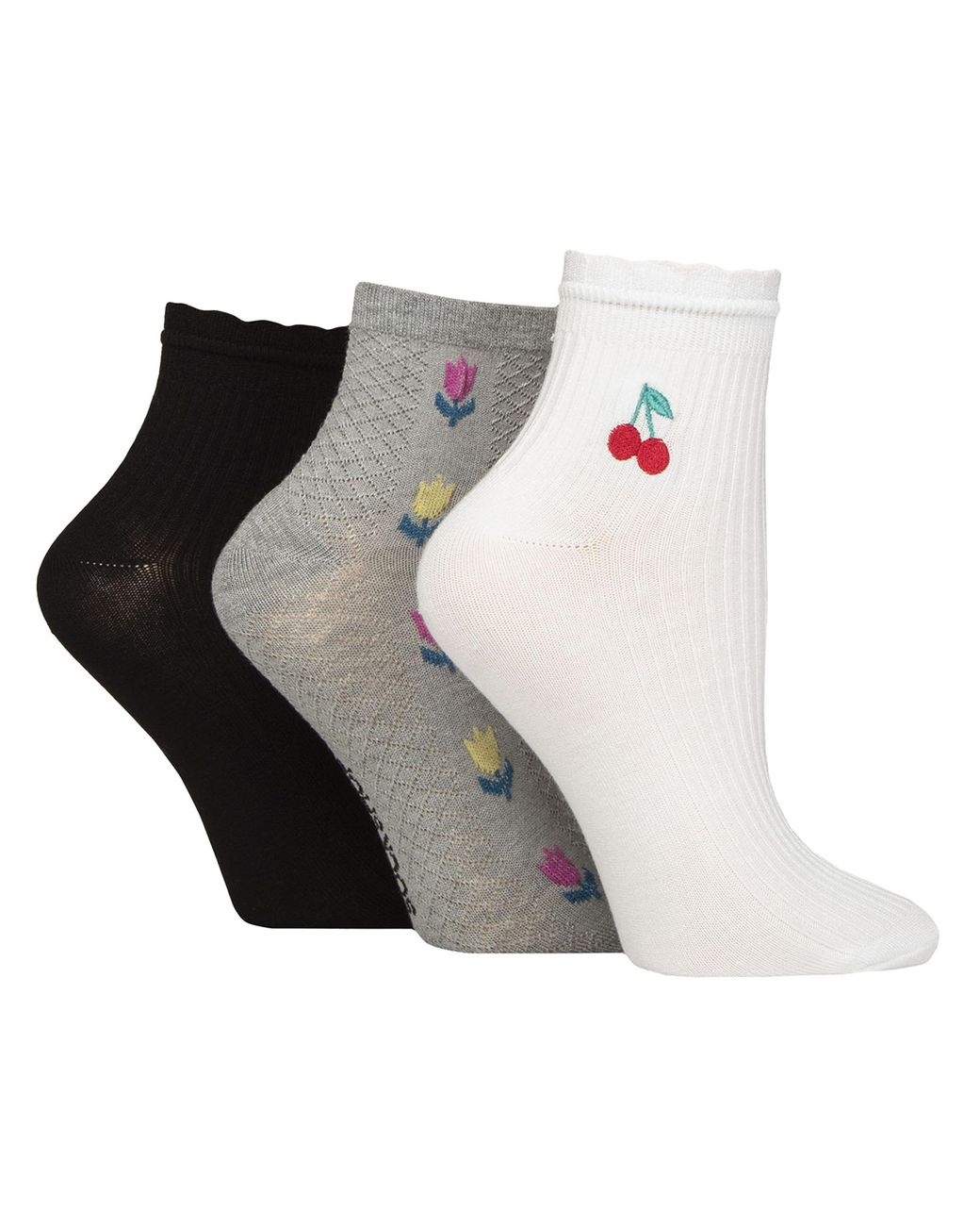Elle Multicolor 3 Pack Ladies Ribbed Anklet Socks With Frill Welt