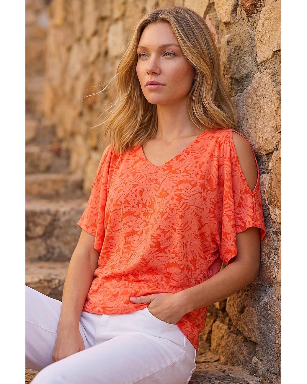 Roman Red Burnout Print Jersey Stretch Top