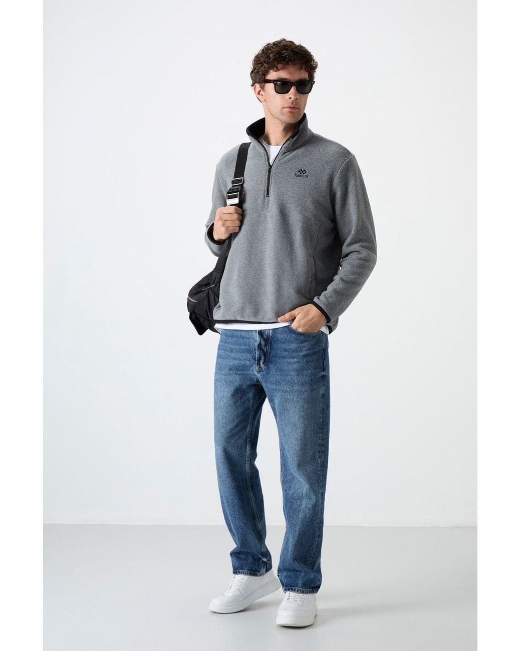 TOMMY LIFE Gray Slim Fit Half-Zip Plush Sweatshirt for men