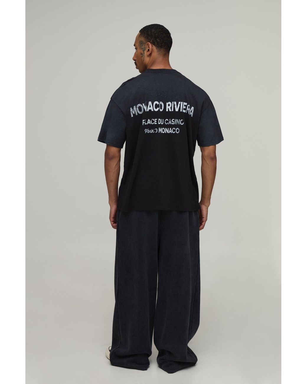 BoohooMAN Black Oversized Fit Monaco Riviera Spray Wash T-Shirt for men
