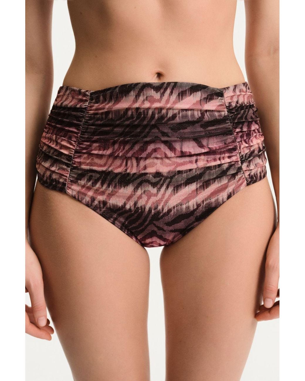 Penti Red Cesira Ruched Front Closure Zebra Print Shimmer Mid Waist Bikini Bottom